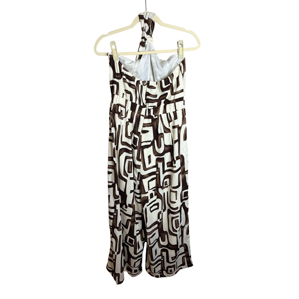Fashion Nova Womens Brown White Geometric Halter Wide Leg Jumpsuit Large Pocket - Picture 4 of 5